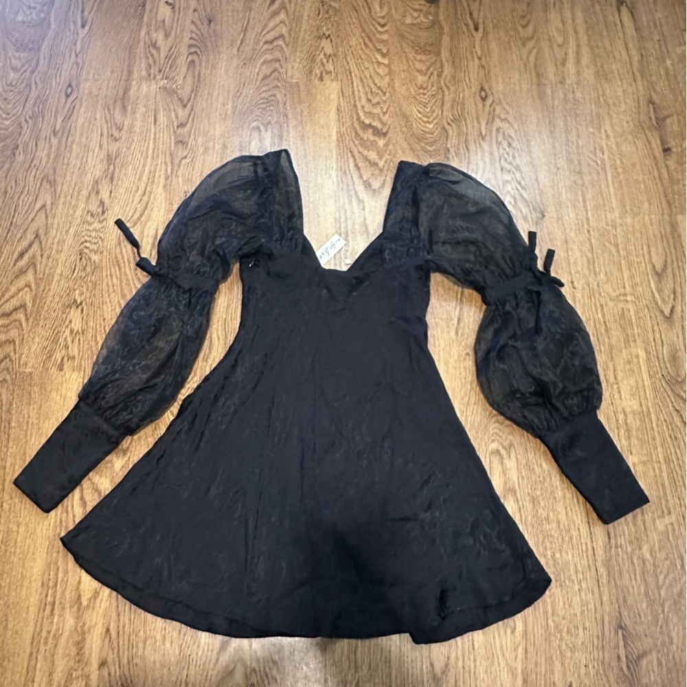 For Love & Lemons Black Gabrielle Puff Sheer Long Sleeve Mini Dress XS NWT - Picture 7 of 12